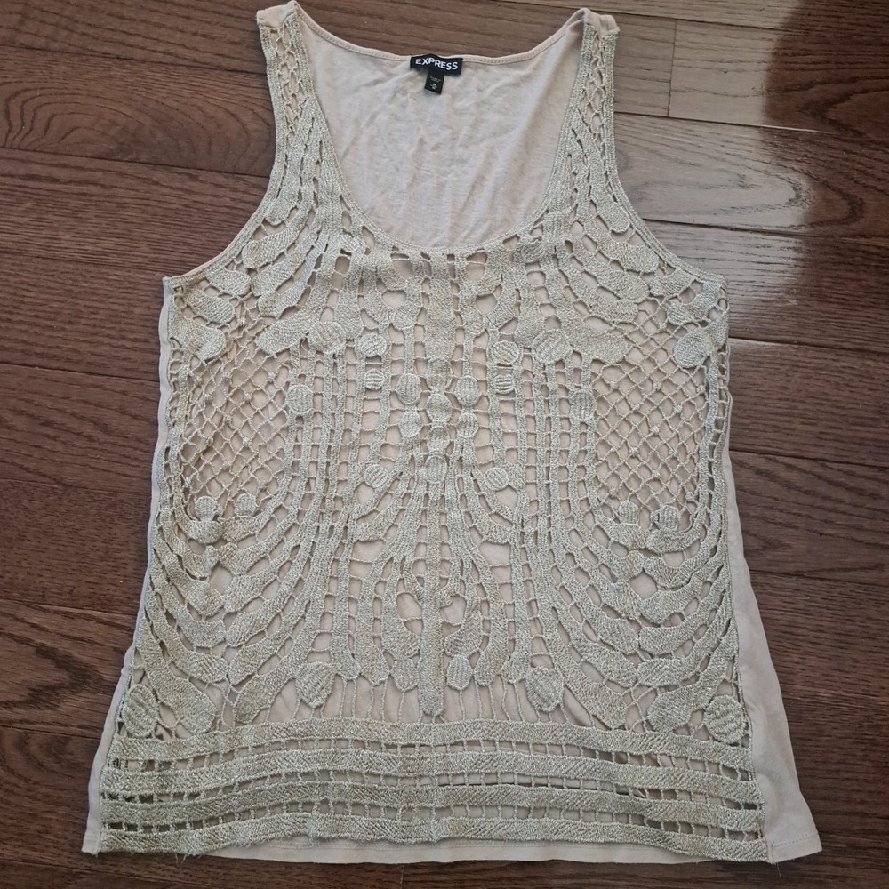 Express Women's Sleeveless Taupe Tan Tank Top Lace Overlay Sz‎ M Glam Shimmer
